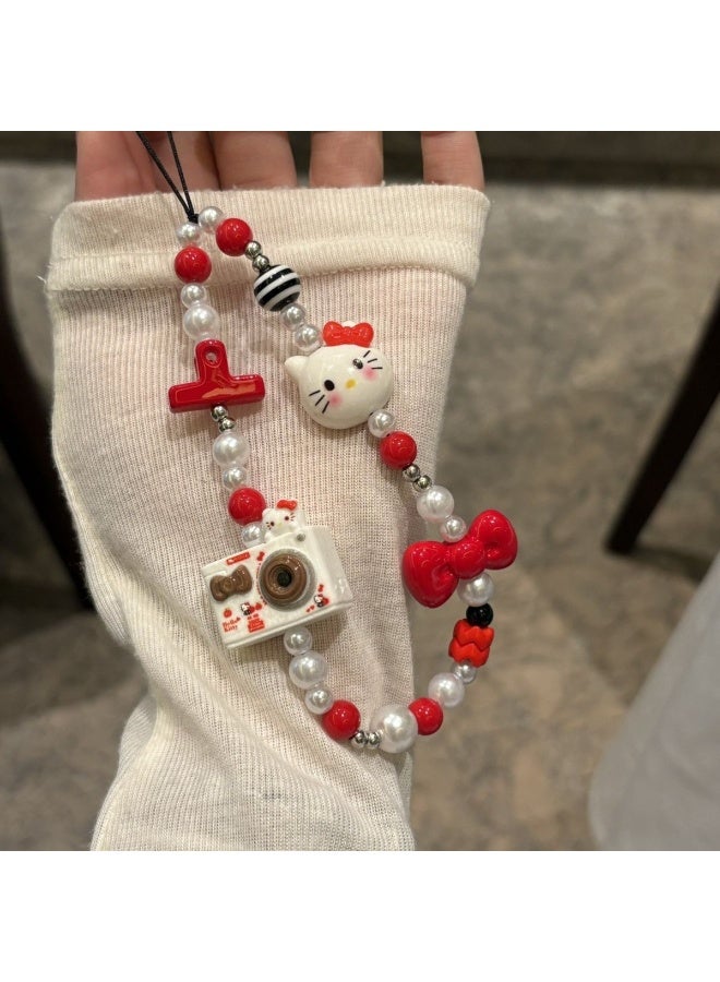 Nova future Kawaii Beaded Pearl Phone Charms Strap Cute Kitten Camera Bow Cell Phone Lanyard Wrist Strap - Image 4